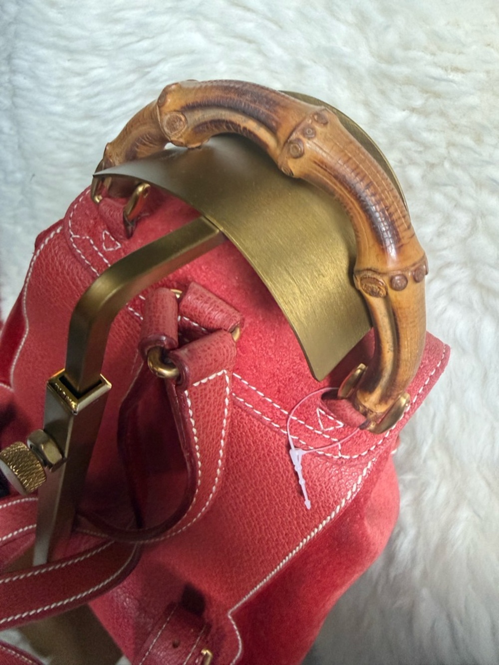 Gucci Red Suede Backpack with Bamboo Top Handle - Authentic - Picture 4 of 6